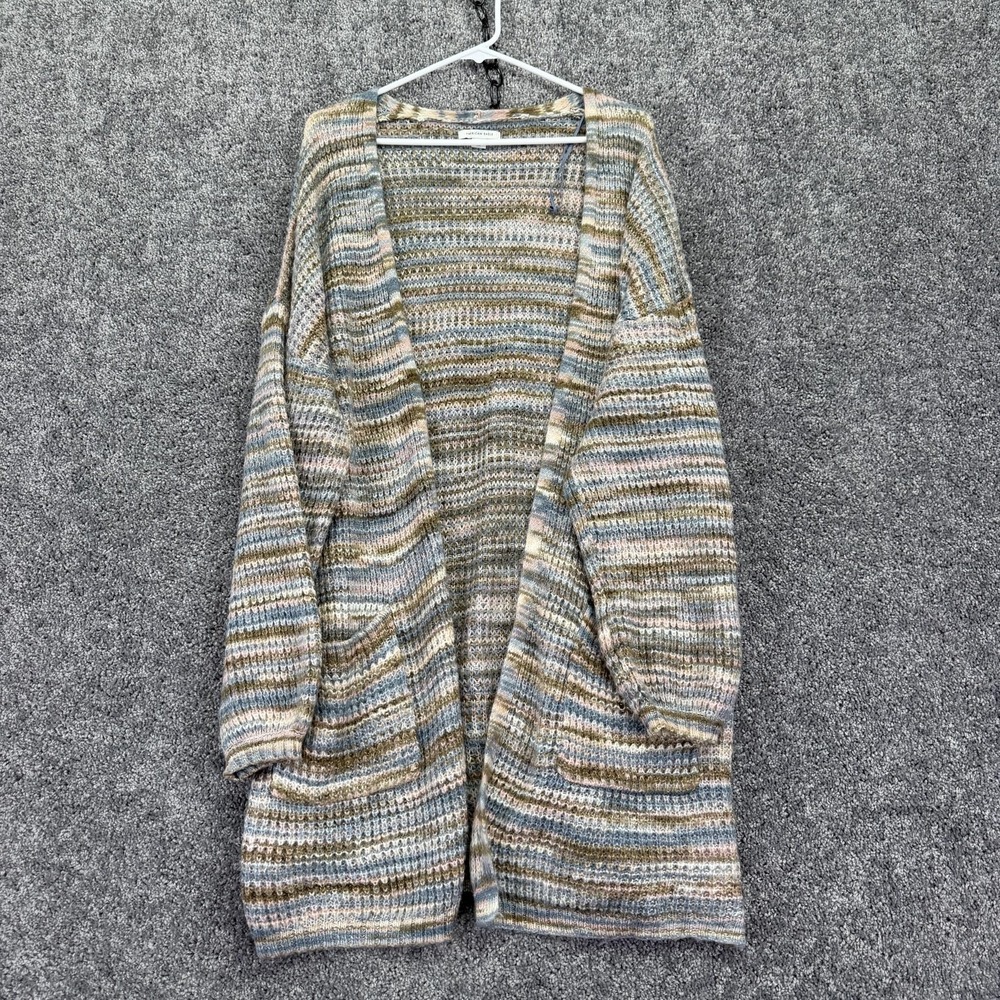 American Eagle Sweater Cardigan Womens L Multicolor Striped Open Knit Pockets